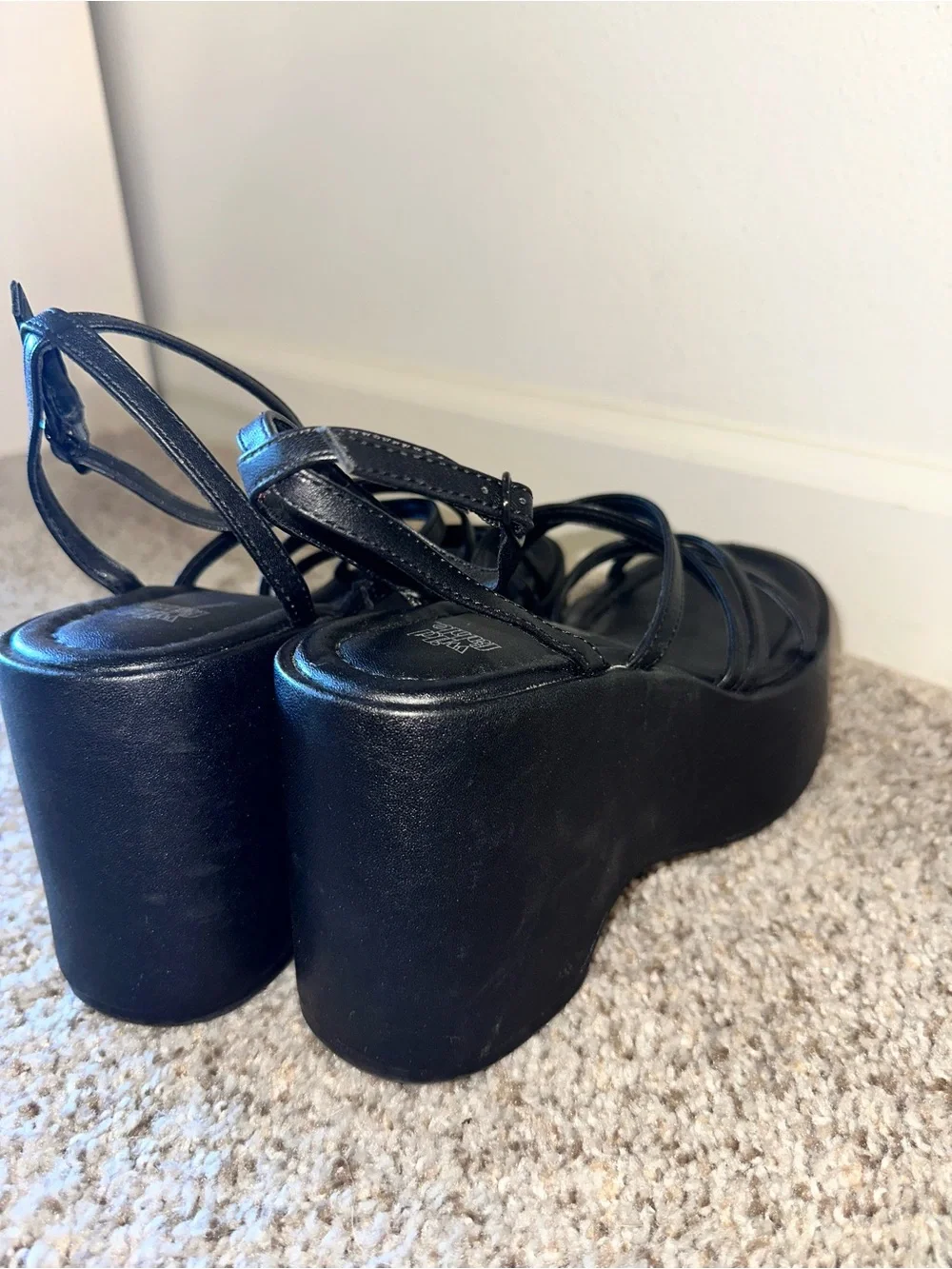 Black Platform Strappy Wedge Sandals - Women